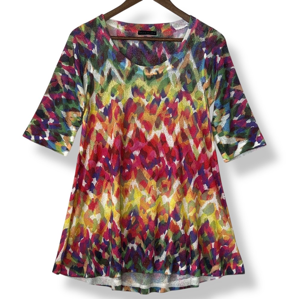 Nally & Millie S Knit Blouse Colorful Rainbow Zig Zag USA Made Artsy Boho Top